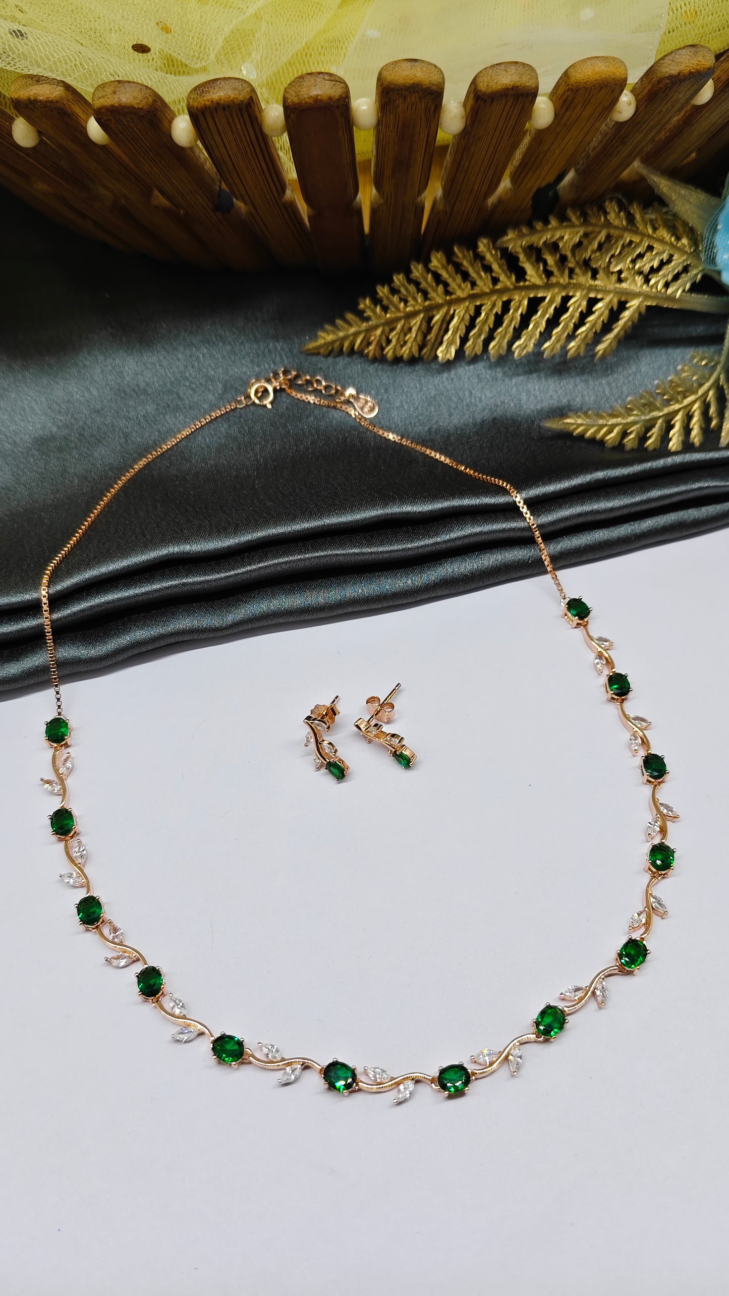 925 Silver Rose Gold Colour White And Green Stone Design Necklace Set