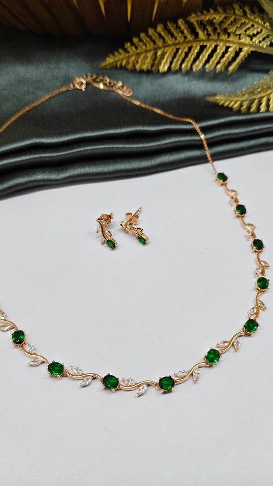 925 Silver Rose Gold Colour White And Green Stone Design Necklace Set