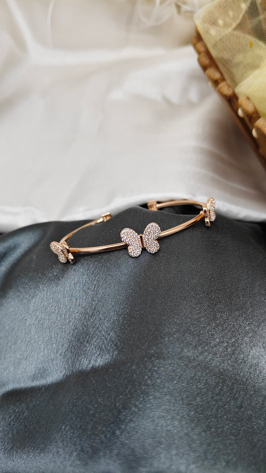 925 Silver Rose Gold Colour 3 Butterfly White Stone Design Kada