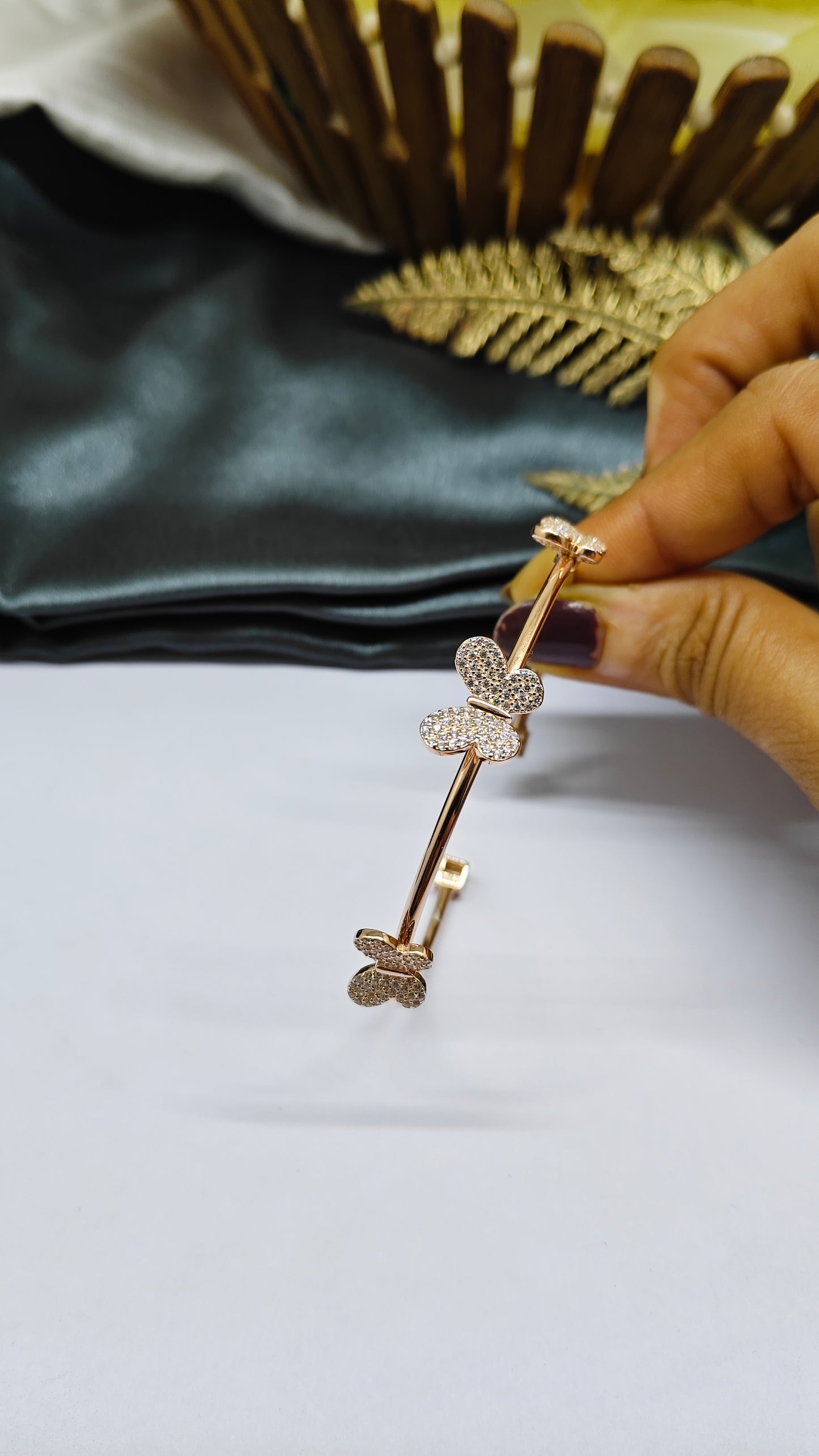925 Silver Rose Gold Colour 3 Butterfly White Stone Design Kada