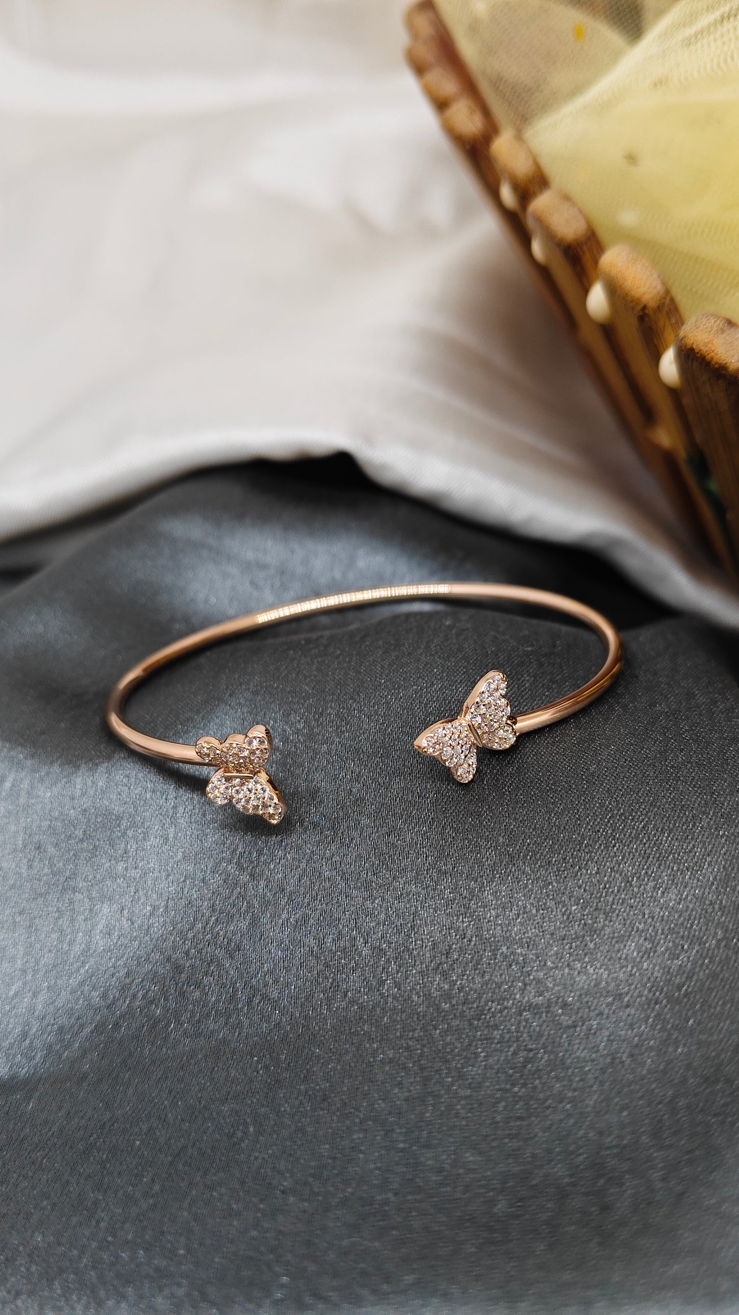 925 Silver Rose Gold Colour 2 Butterfly With White Stone Design Kada
