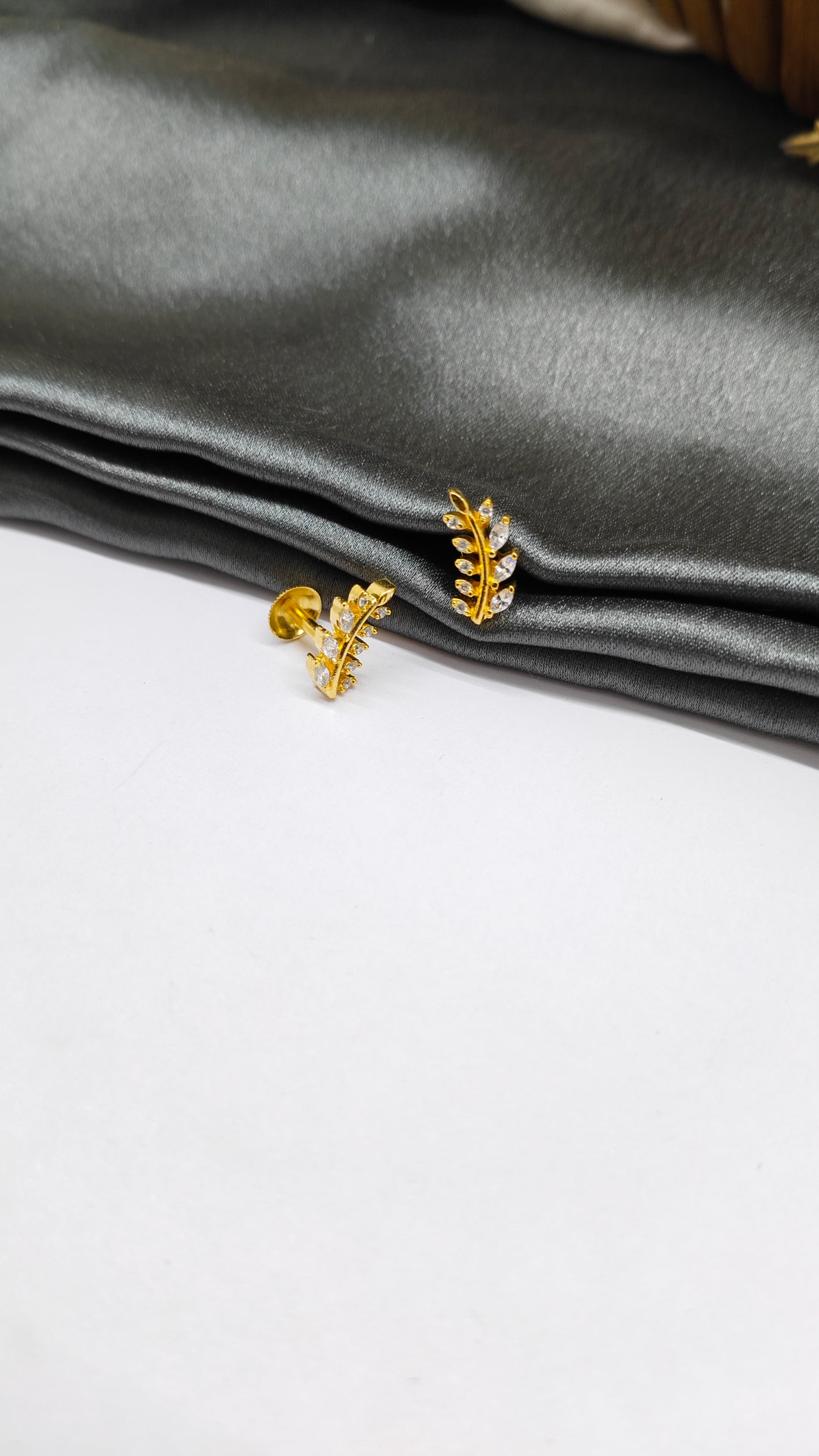 925 Silver Gold Leaf Design White Stone Earrings