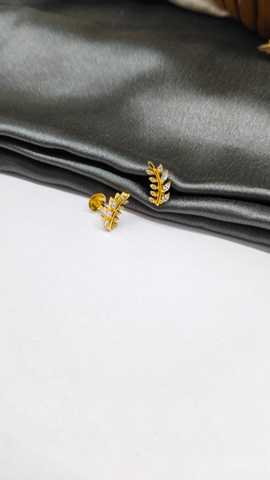 925 Silver Gold Leaf Design White Stone Earrings