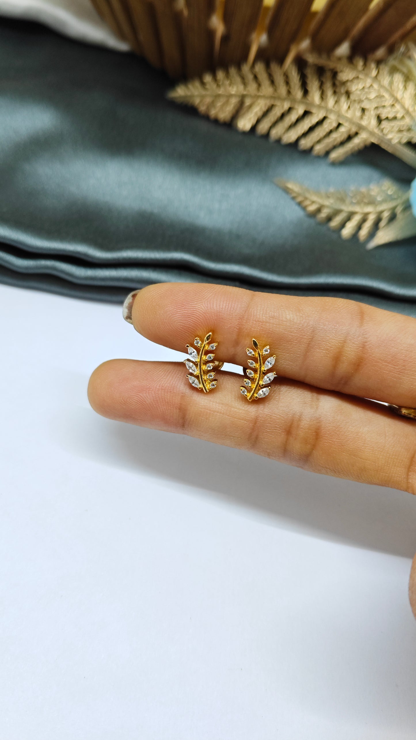 925 Silver Gold Leaf Design White Stone Earrings