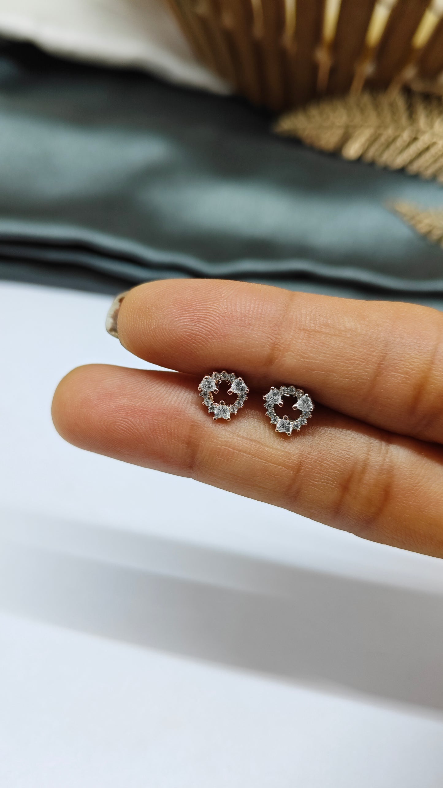 925 Silver Small Two Tone Rose Gold Round Design With White Stone Earrings