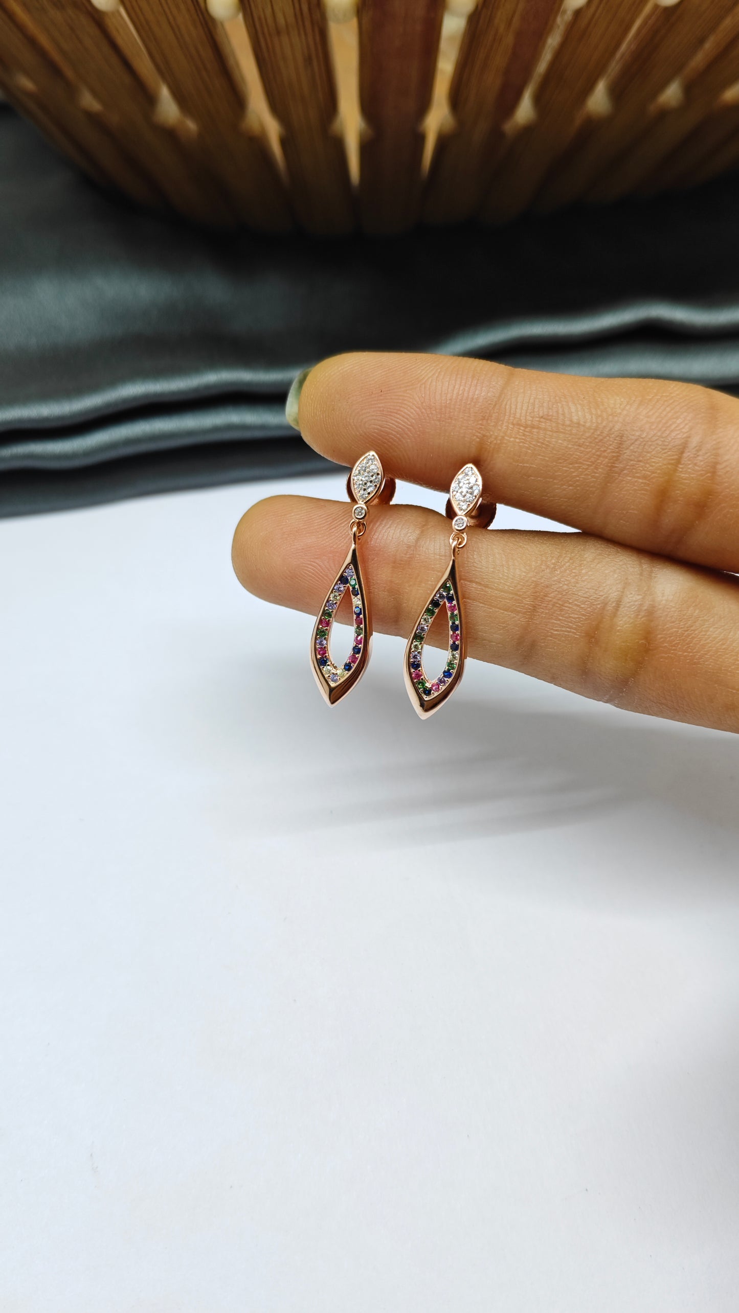 925 Silver Rose Gold Multi-Colour Stone Hanging Earrings