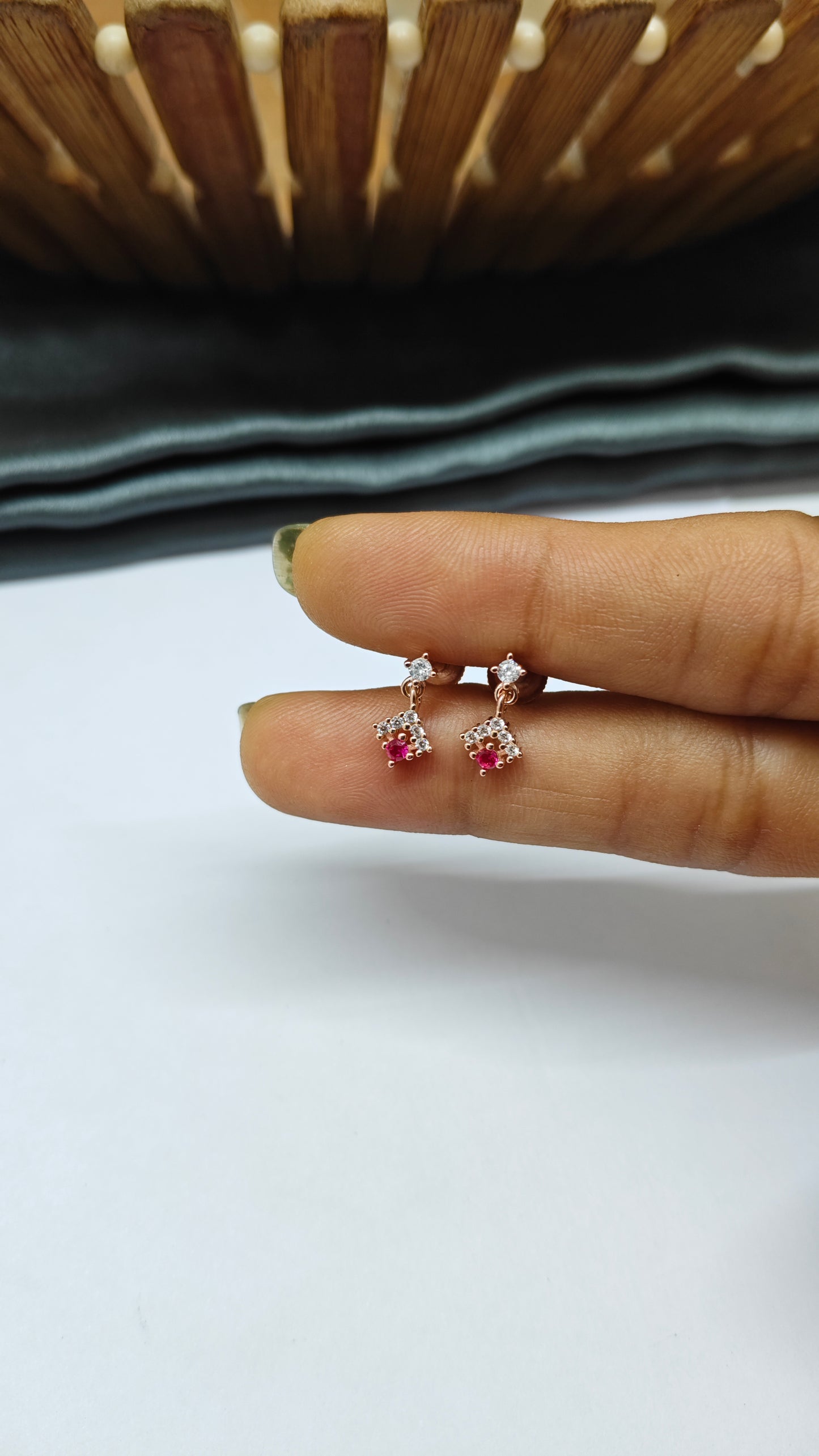 925 Silver Rose Gold Small Red Stone with 5 White Stone Hanging Earrings