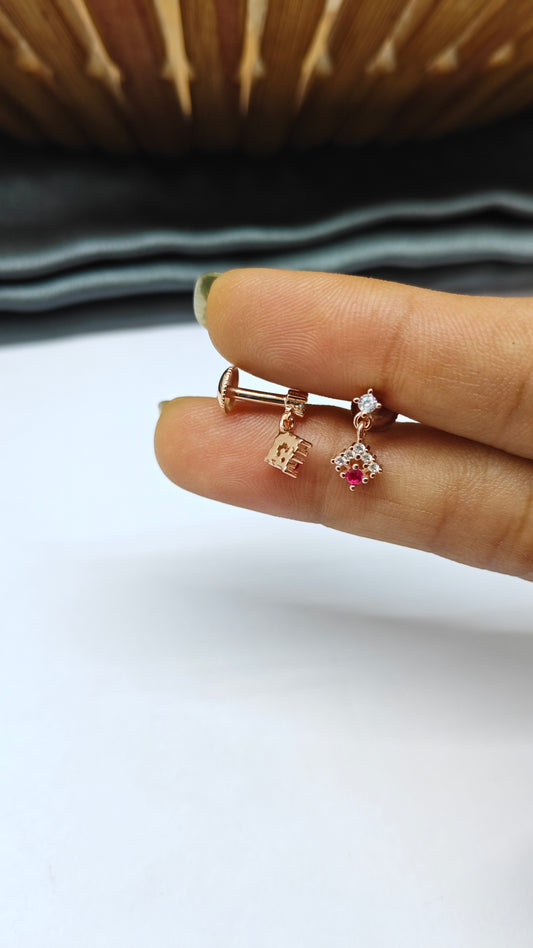 925 Silver Rose Gold Small Red Stone with 5 White Stone Hanging Earrings