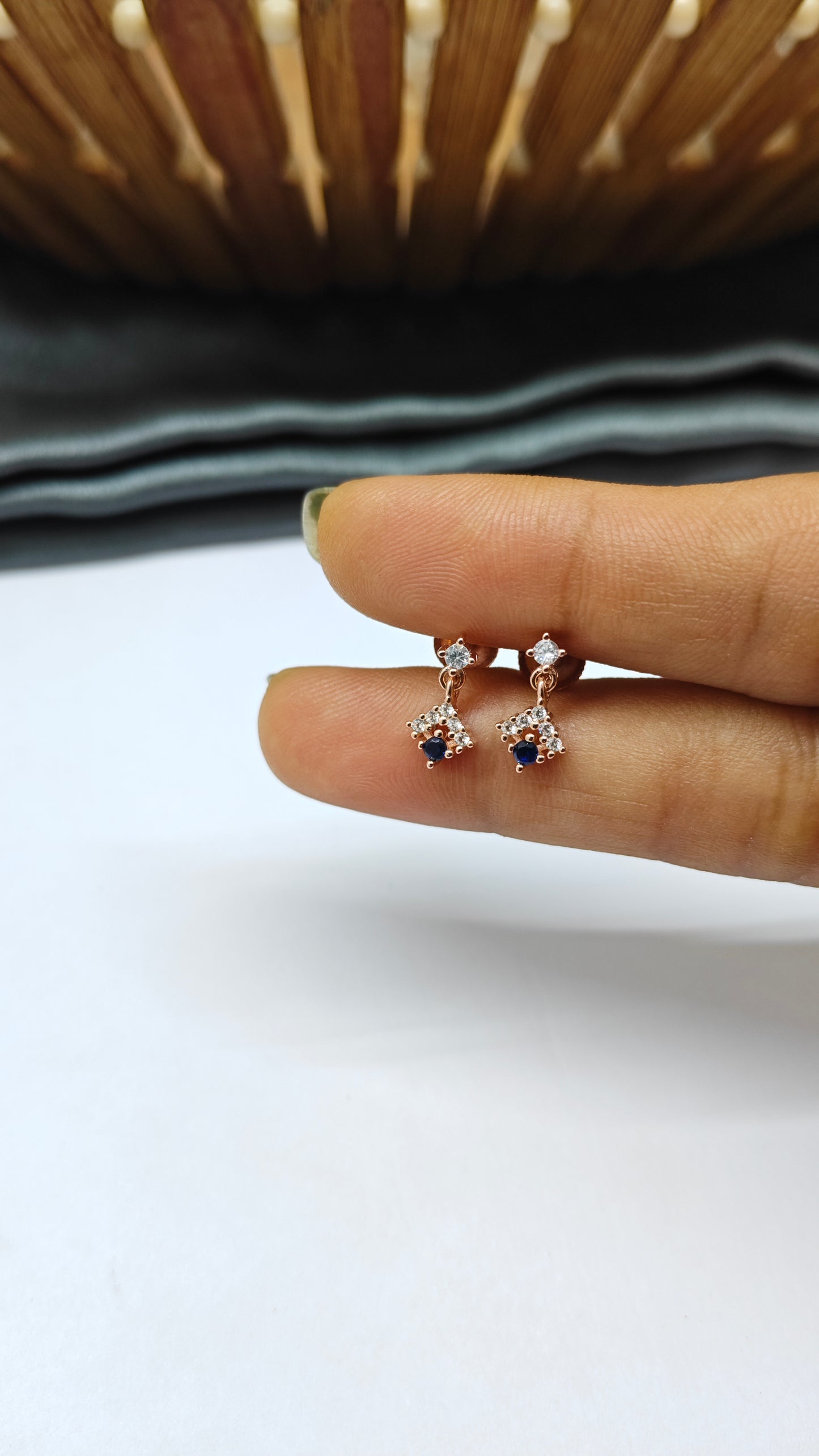 925 Silver Rose Gold Small Blue Stone with 5 White Stone Hanging Earrings