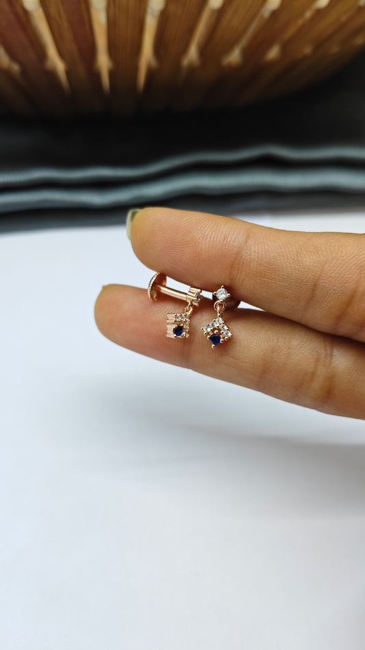 925 Silver Rose Gold Small Blue Stone with 5 White Stone Hanging Earrings