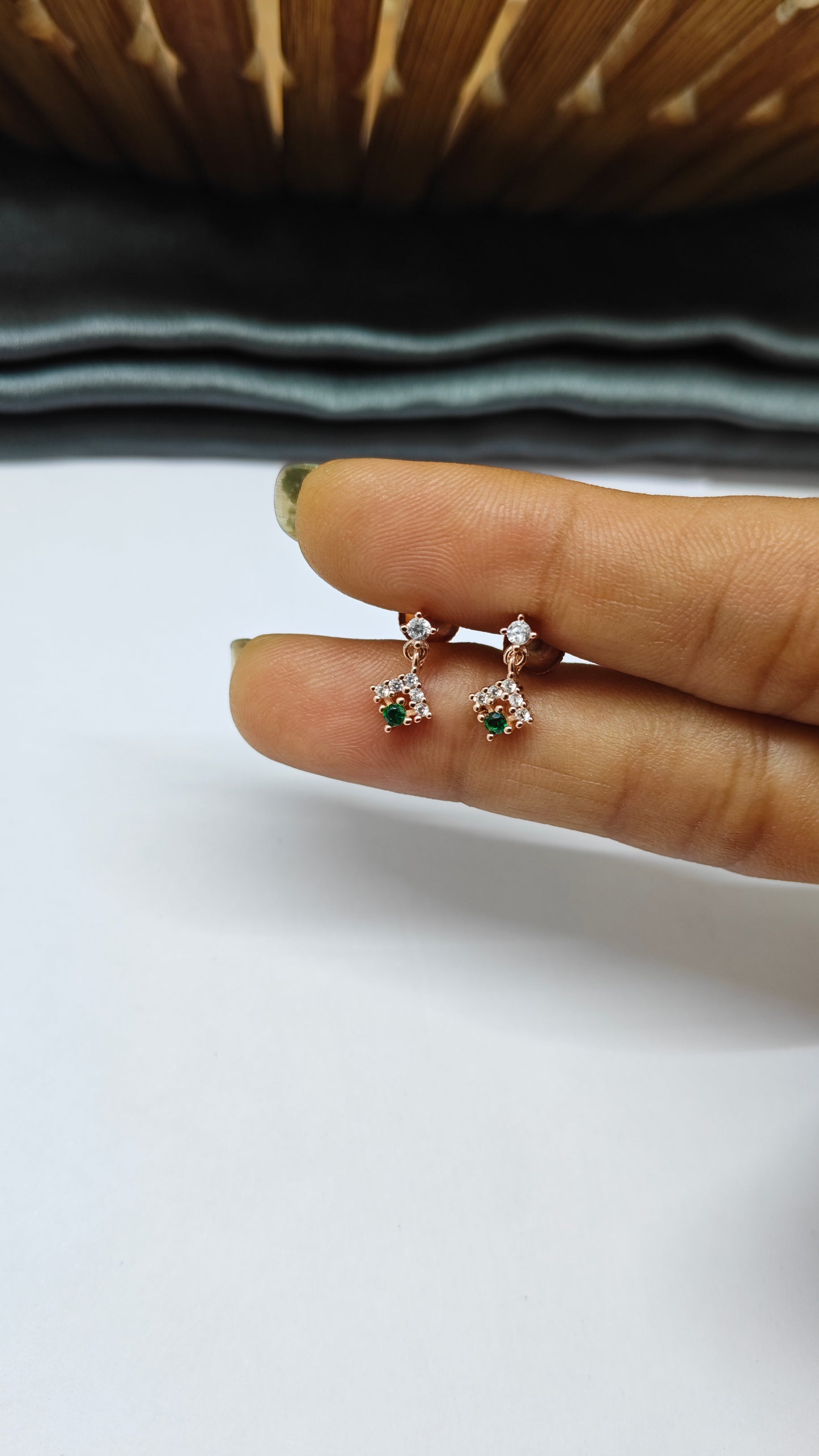 925 Silver Rose Gold Small Green Stone with 5 White Stone Hanging Earrings