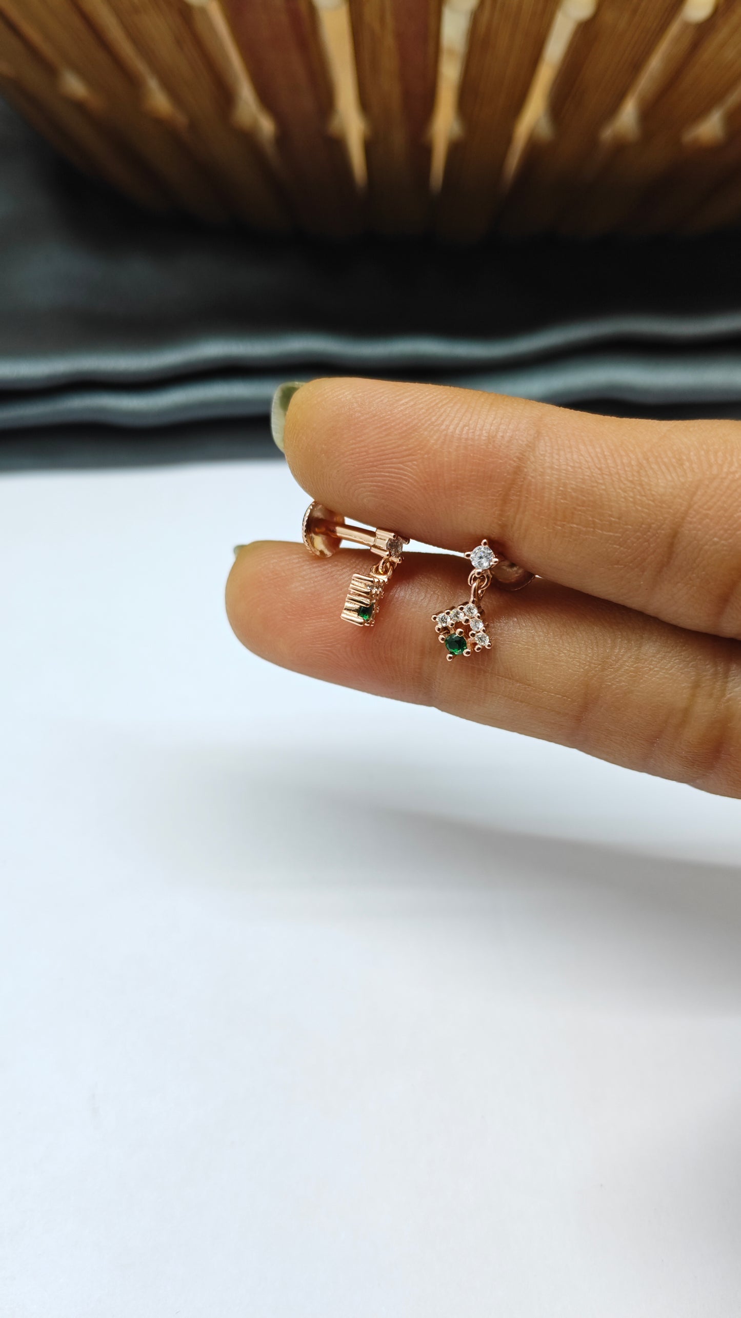 925 Silver Rose Gold Small Green Stone with 5 White Stone Hanging Earrings