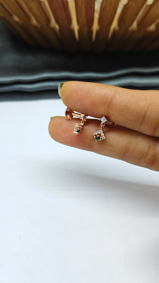 925 Silver Rose Gold Small Green Stone with 5 White Stone Hanging Earrings