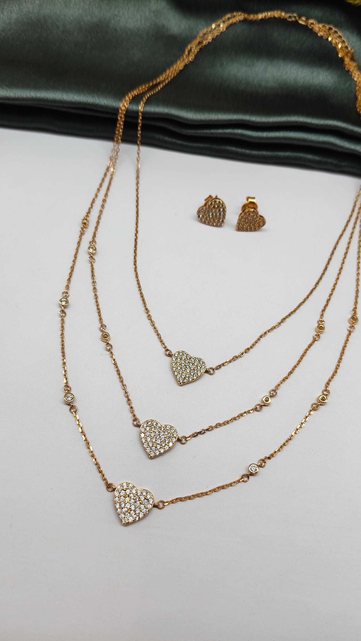 925 Silver Rose Gold Colour White Stone 3 Layer Heart Hanging Design Necklace Set