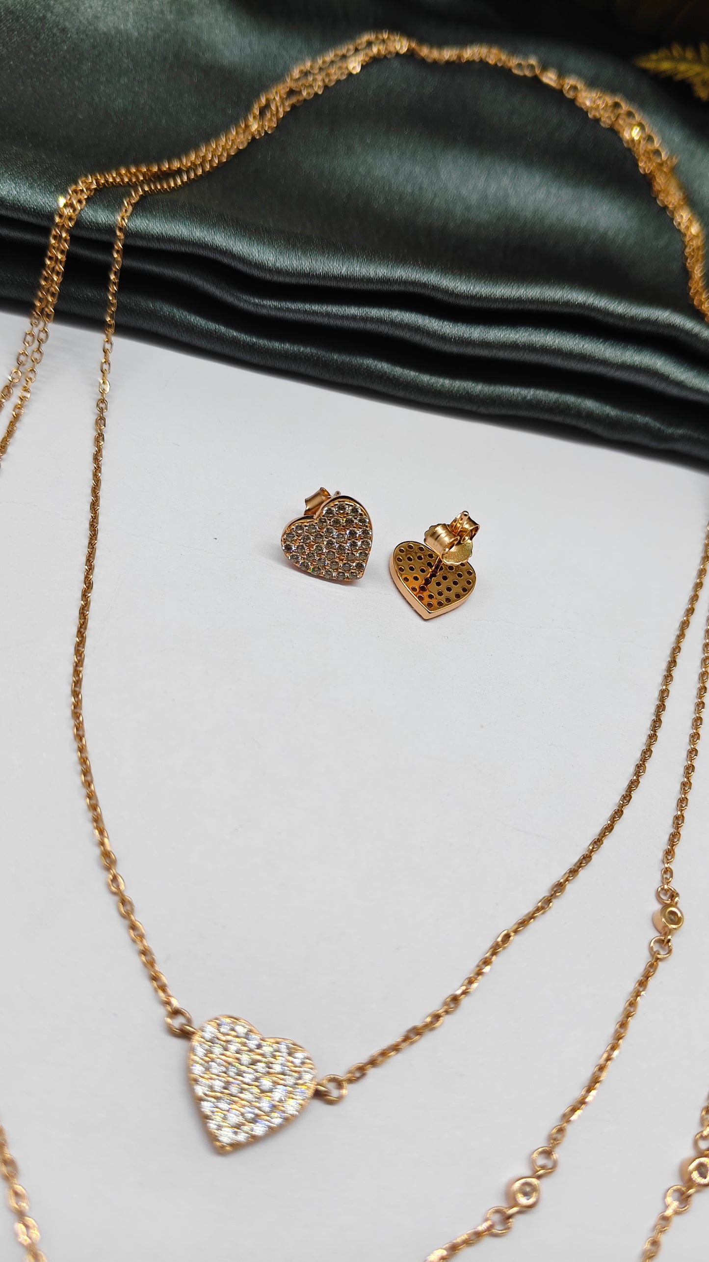 925 Silver Rose Gold Colour White Stone 3 Layer Heart Hanging Design Necklace Set