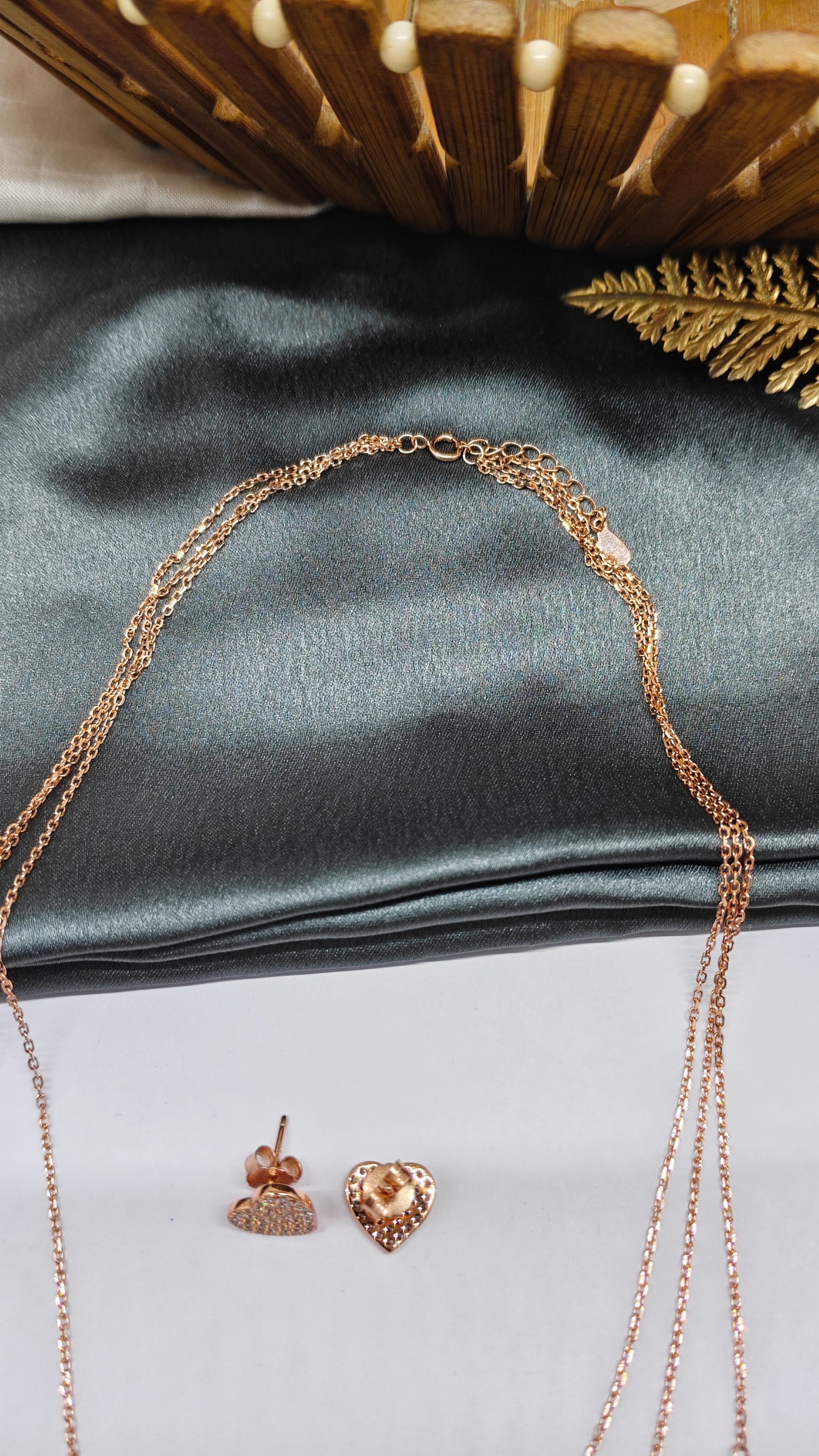 925 Silver Rose Gold Colour White Stone 3 Layer Heart Hanging Design Necklace Set
