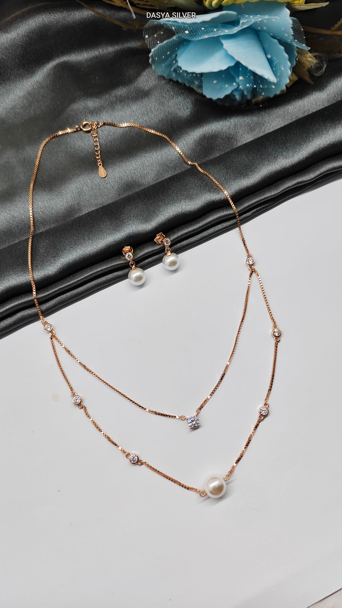 925 Silver Rose Gold Colour Pearl With White Stone Double Layer Design Set With Earring
