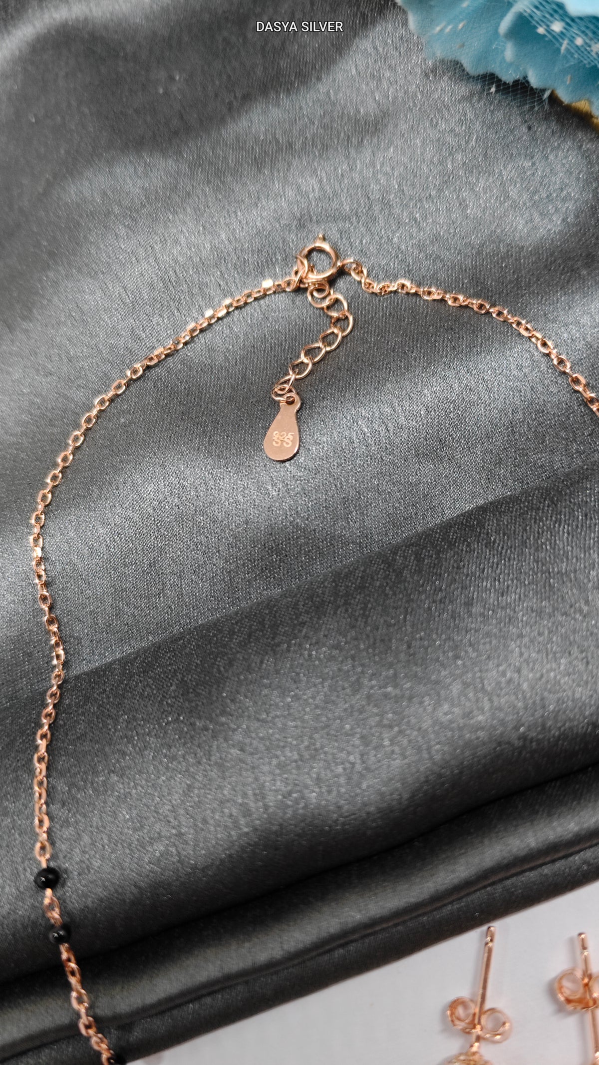 925 Silver Rose Gold Colour 5 Ball Design White Stone Black Beads Mangalsutra Set With Earrings