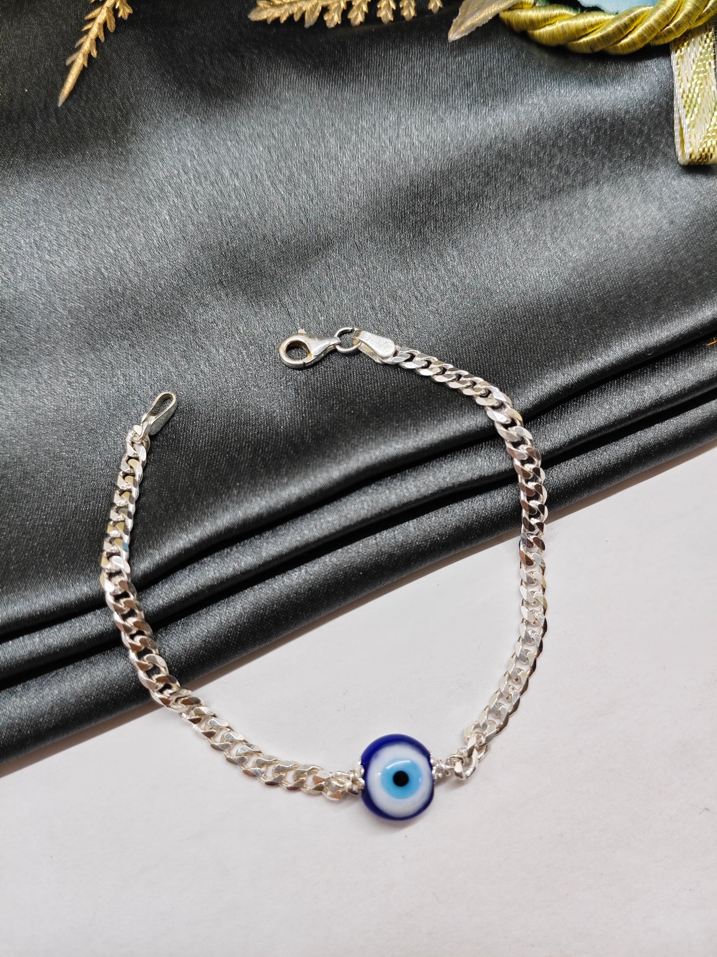 925 Silver Men's Full Silver Finish With Evil Eye Design Bracelet
