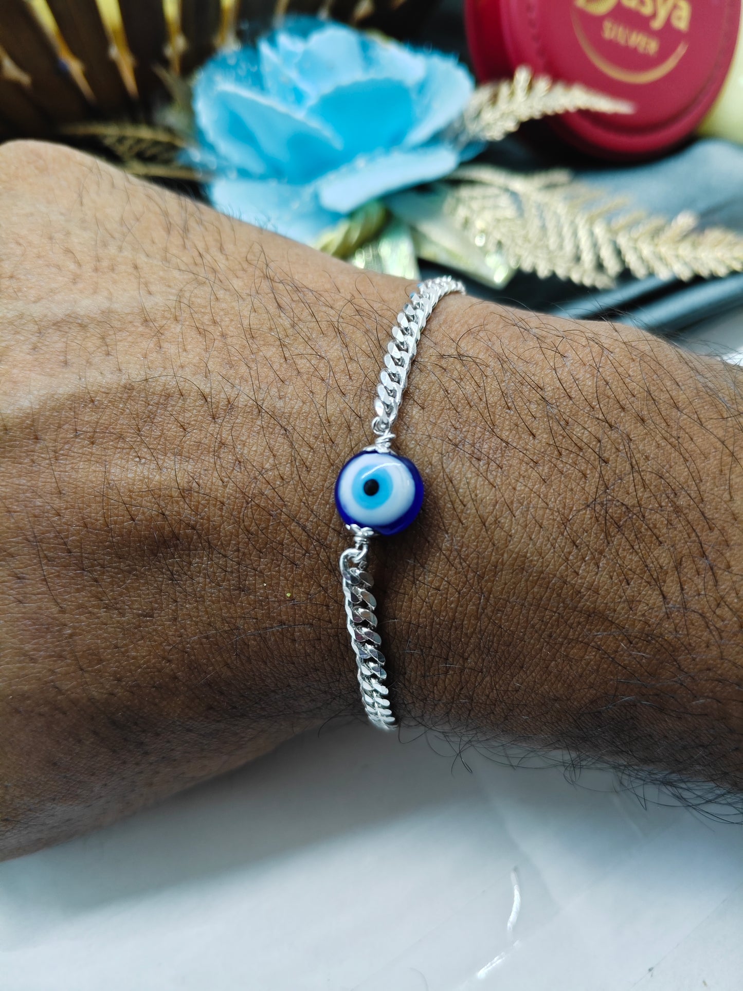 925 Silver Men's Full Silver Finish With Evil Eye Design Bracelet