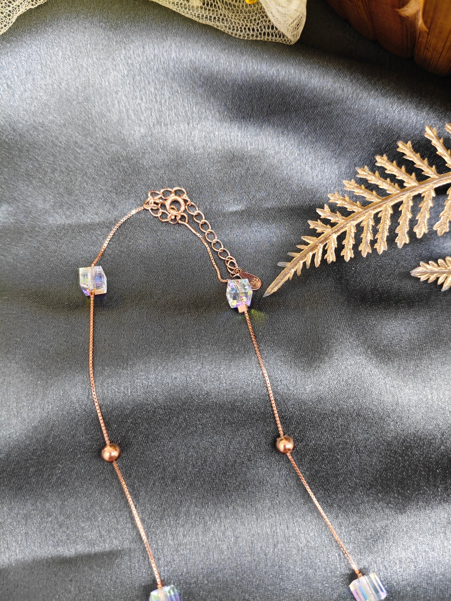 925 Silver Rose Gold Colour Square Swarovski Stone With Balls Design Short Chain