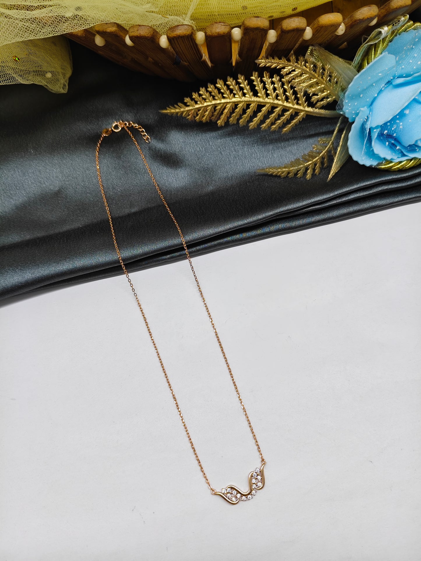 925 Silver Rose Gold Colour Wings Design White Stone Chain Pendant