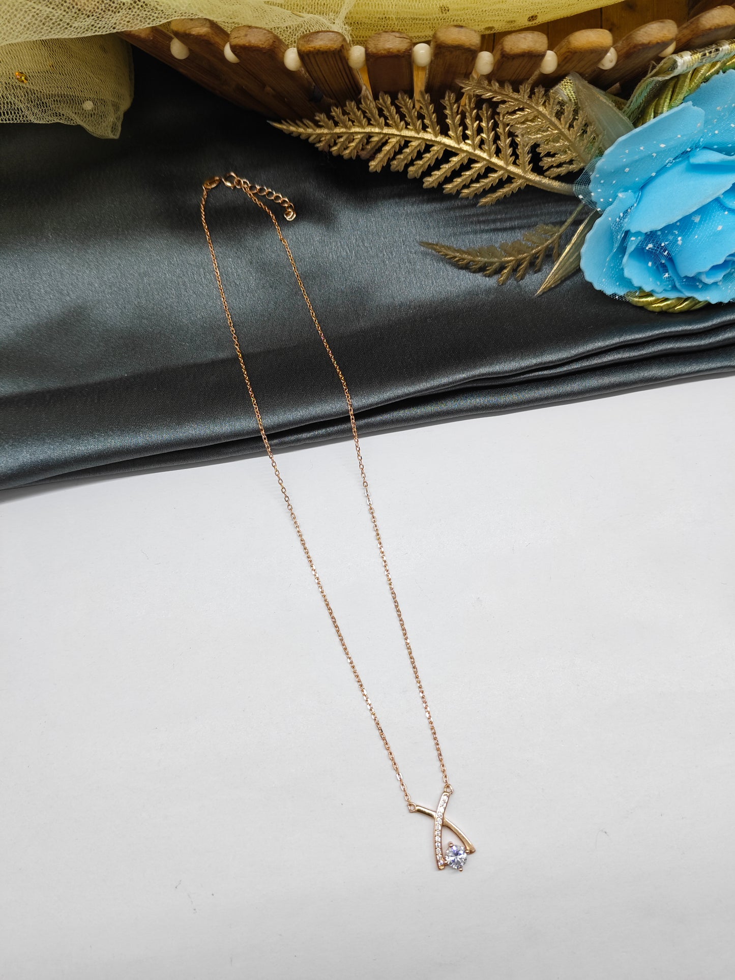 925 Silver Rose Gold Colour X Design White Stone Chain Pendant