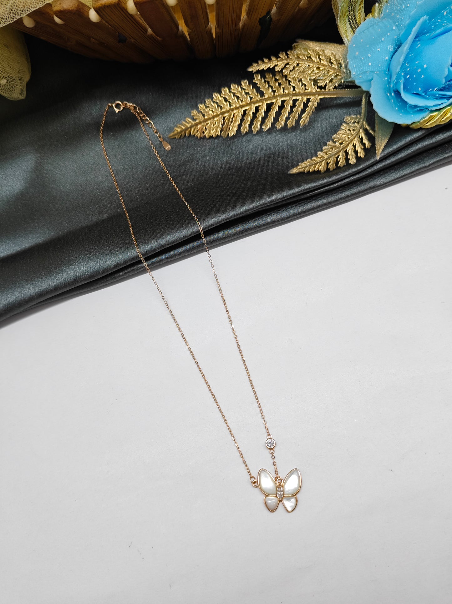 925 Silver Rose Gold Colour White Enamel Butterfly Design Chain Pendant