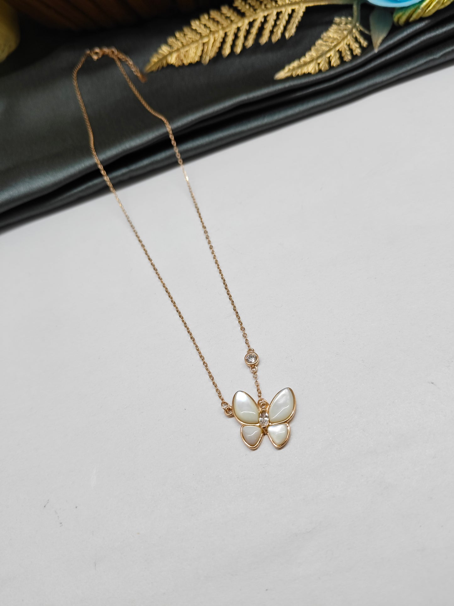 925 Silver Rose Gold Colour White Enamel Butterfly Design Chain Pendant