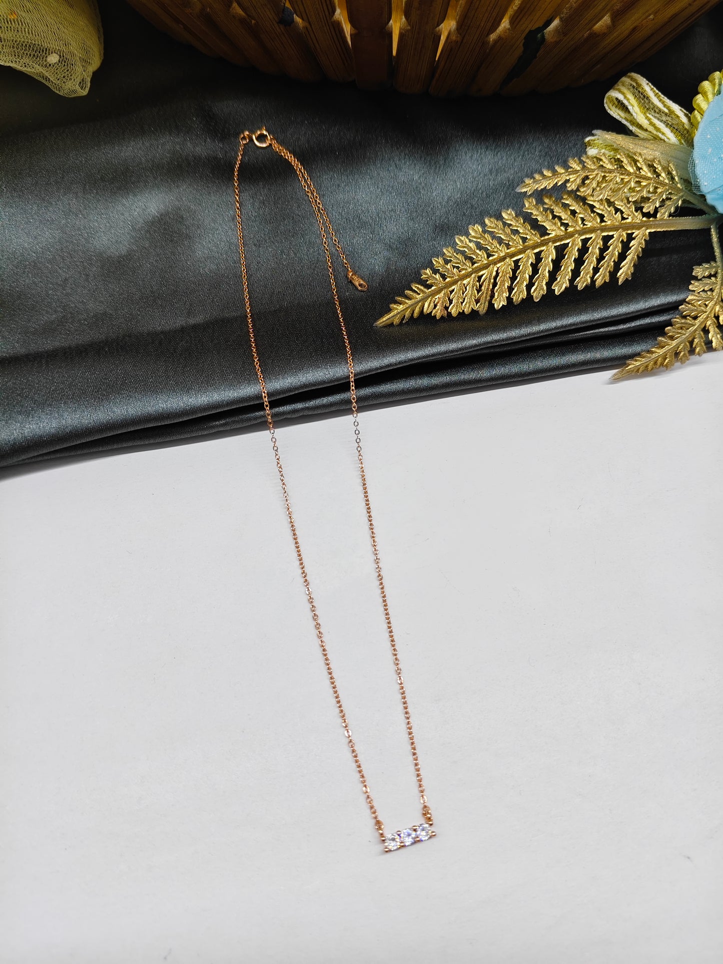 925 Silver Rose Gold Colour 3 White Stone Design Chain Pendant