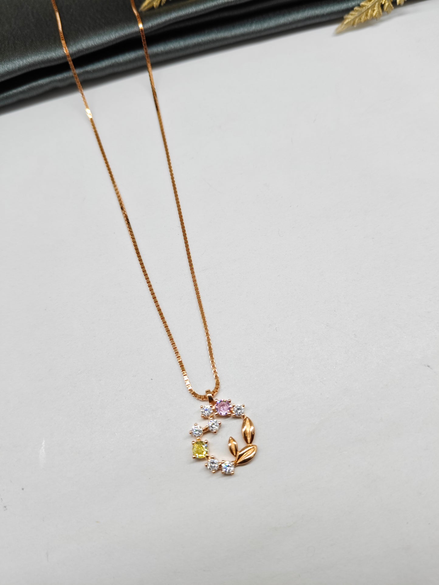 925 Silver Rose Gold Colour Multi Colour Stone Leaf Design Chain With Pendant