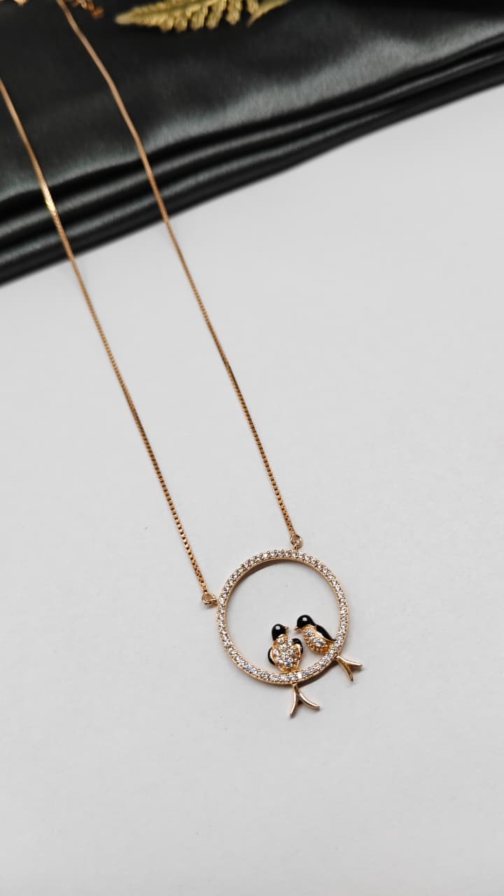 925 Silver Rose Gold Colour Black Enamel Love Bids Design White Stone Chain With Pendant