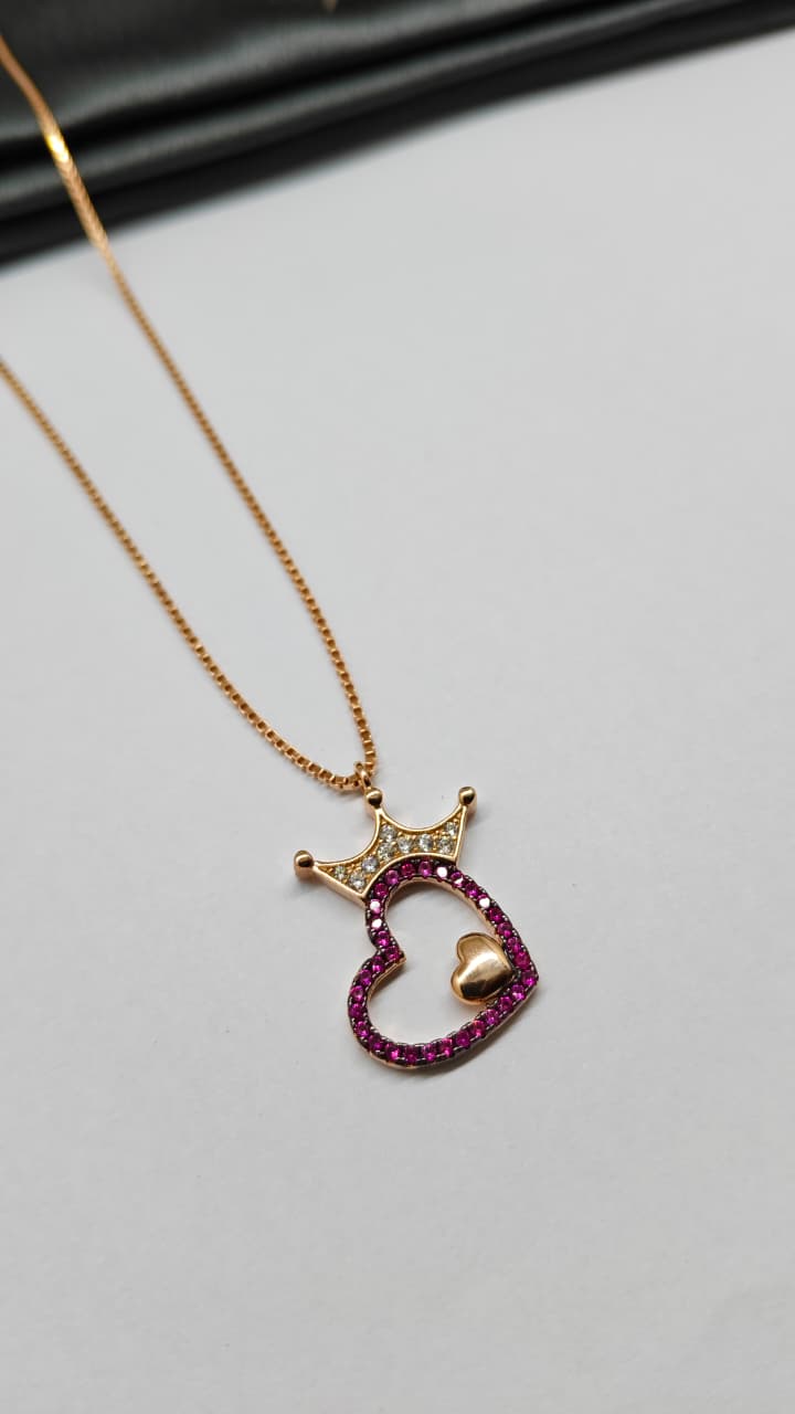 925 Silver Rose Gold Colour Red Heart Design White Stone Chain With Pendant