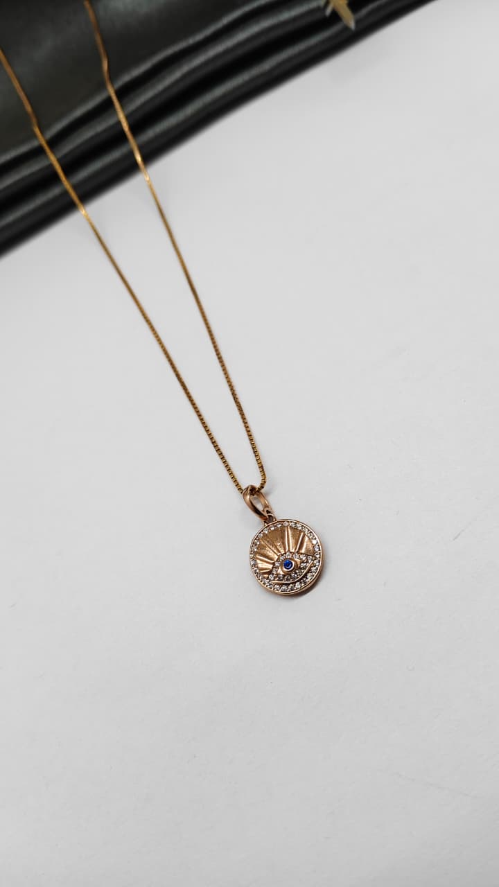925 Silver Rose Gold Colour Round Design 1 Blue Stone With White Stone Chain Pendant