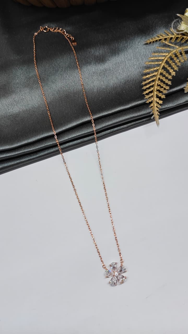 925 Silver Rose Gold Colour Flower Design White Stone Chain Pendant