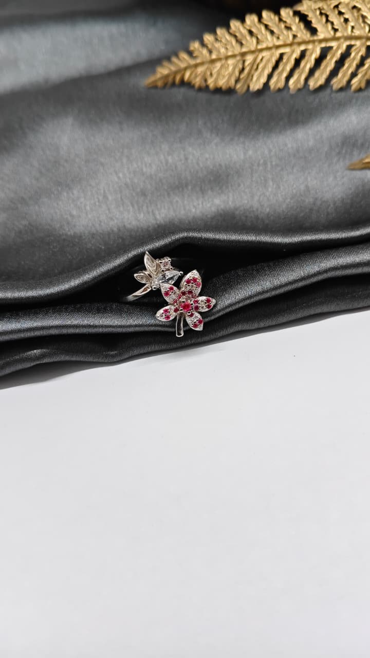 925 Silver Adjustable White Stone With Red Stone Rotating Flower Design Ladies Ring