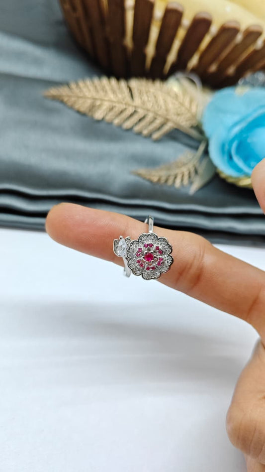 925 Silver Adjustable White Stone With Red Stone Rotating Flower Design Ladies Ring