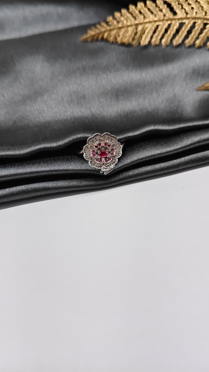 925 Silver Adjustable White Stone With Red Stone Rotating Flower Design Ladies Ring