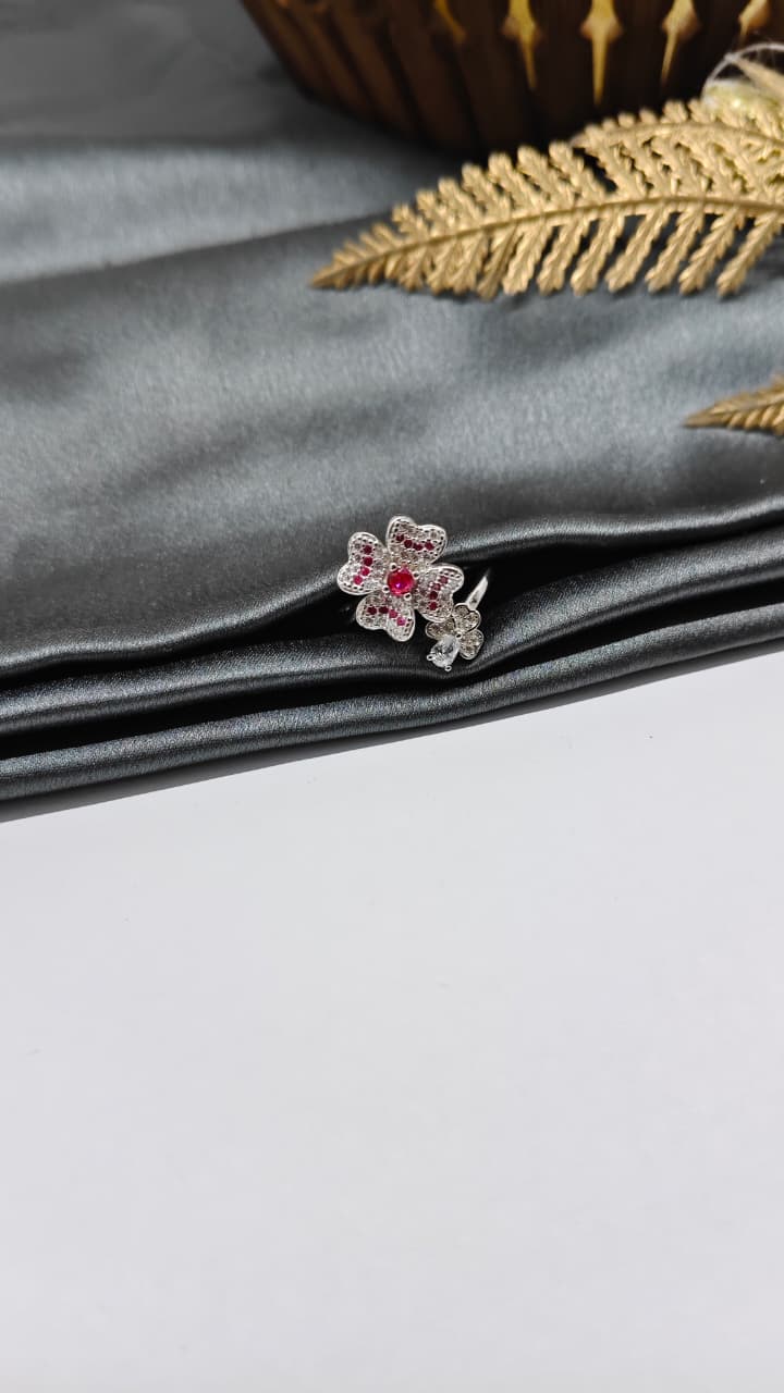 925 Silver Adjustable White Stone With Red Stone Rotating Flower Design Ladies Ring