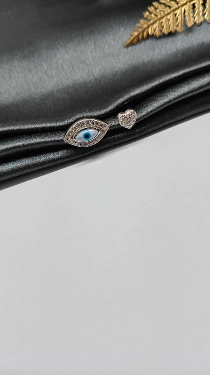 925 Silver Adjustable Evil Eye White Stone Heart Design Ring
