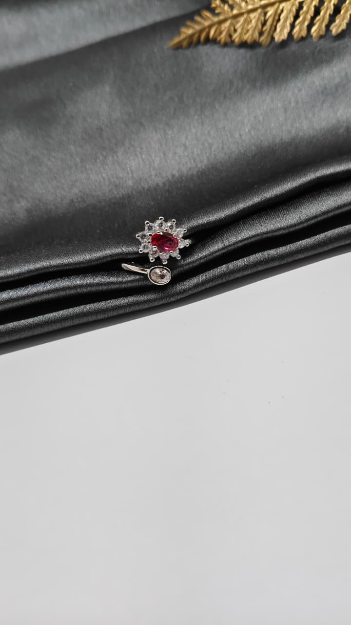 925 Silver Adjustable White Stone With Red Stone Design Ring