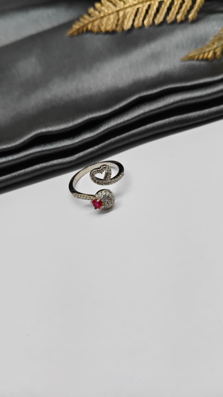 925 Silver Adjustable White Stone With Red Stone Heart Design Ring