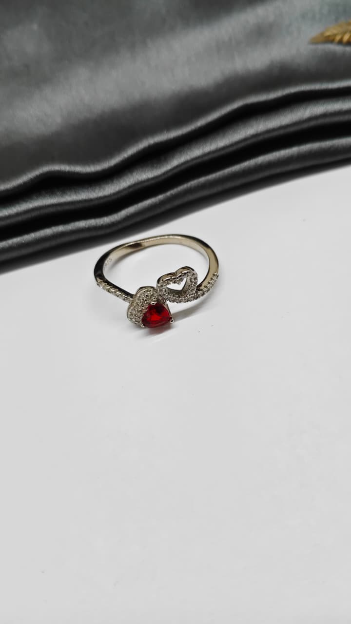 925 Silver Adjustable White Stone With Red Stone Double Heart Design Ring