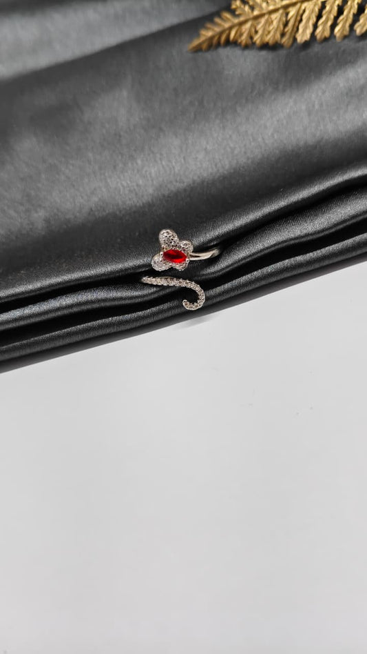 925 Silver Adjustable White Stone With Red Stone Butterfly Design Ring