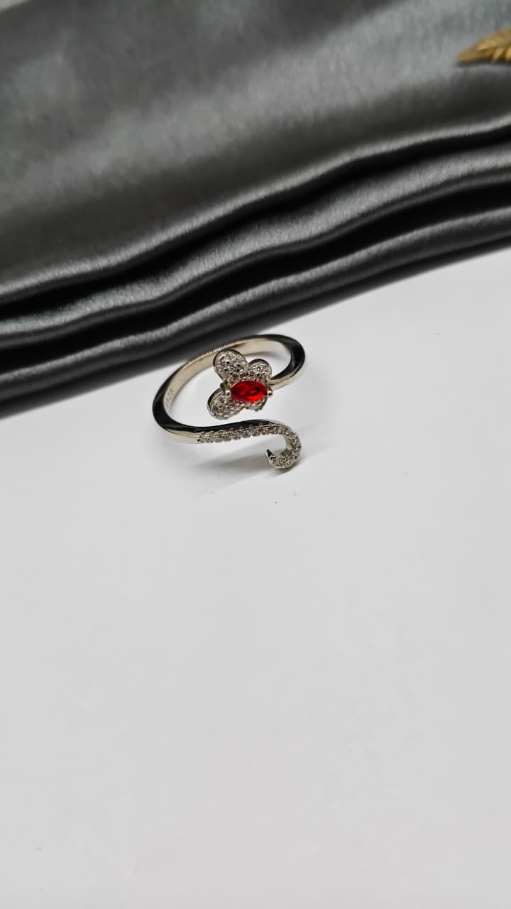 925 Silver Adjustable White Stone With Red Stone Butterfly Design Ring