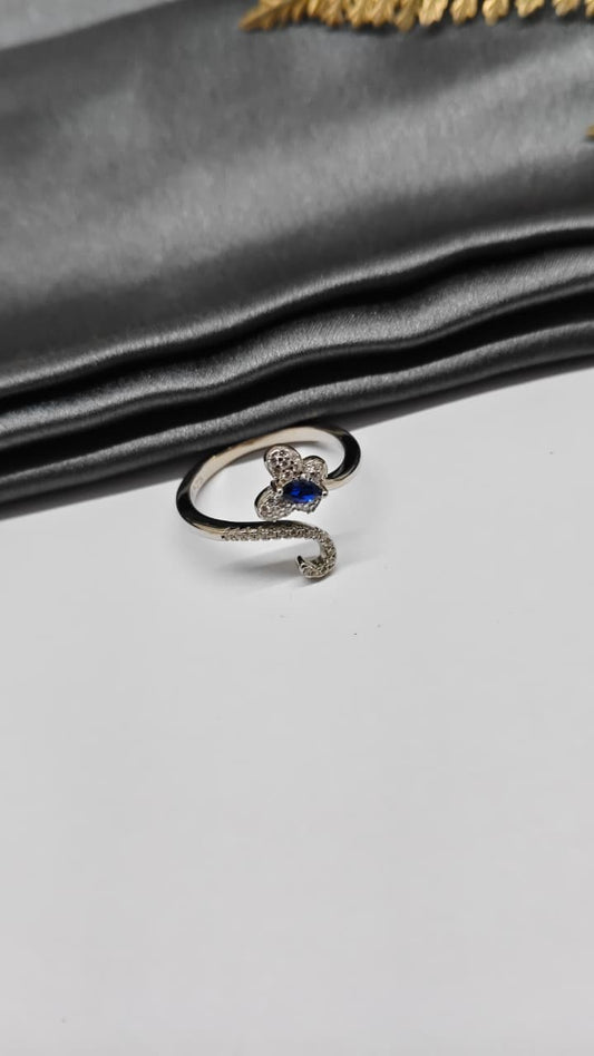 925 Silver Adjustable White Stone With Blue Stone Butterfly Design Ring