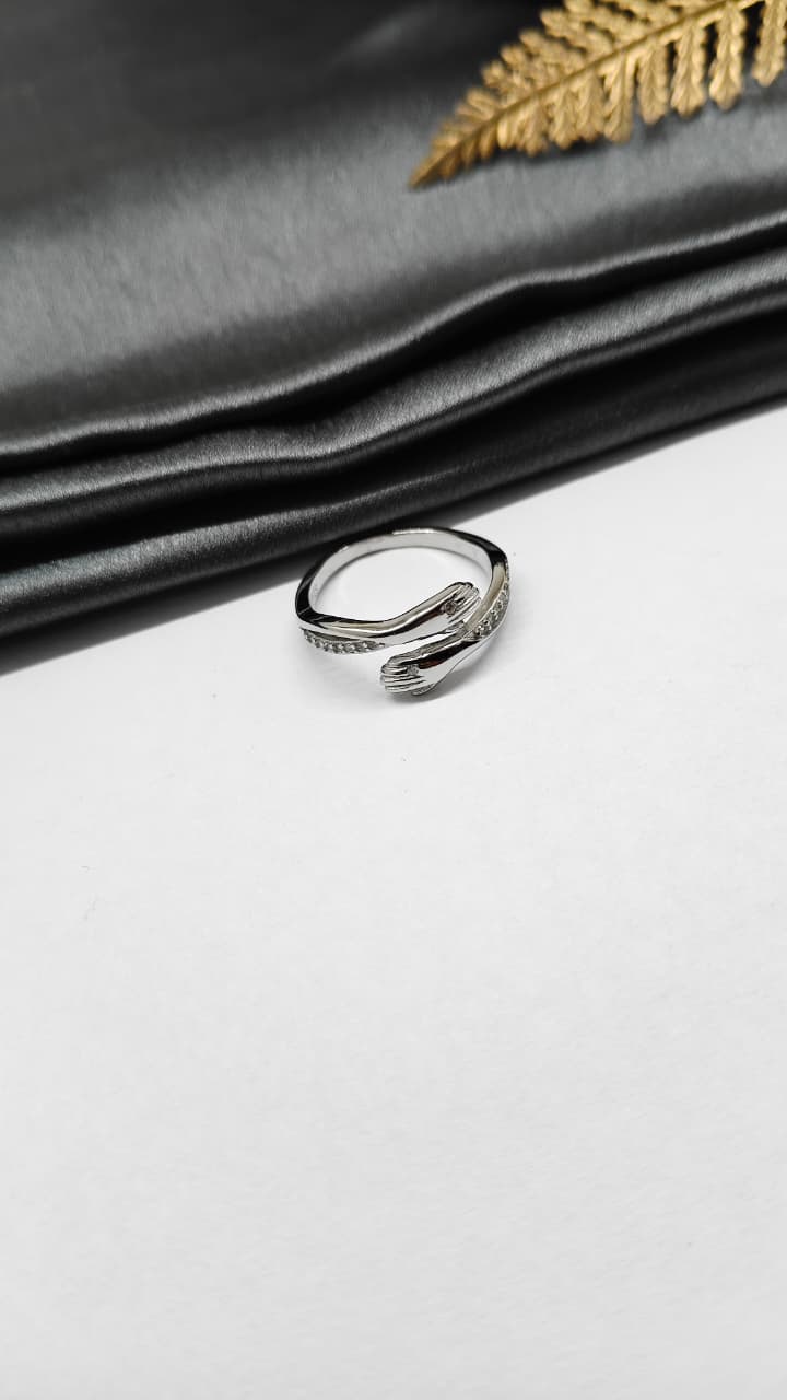 925 Silver Adjustable White Stone Hug Design Ring