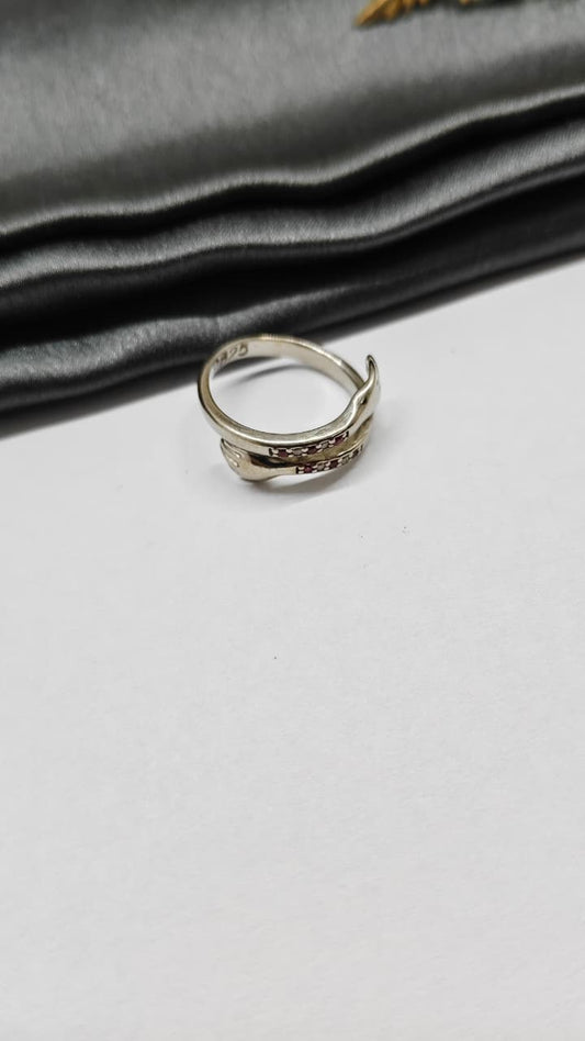 925 Silver Adjustable White Stone with Red Stone Hug Design Ring