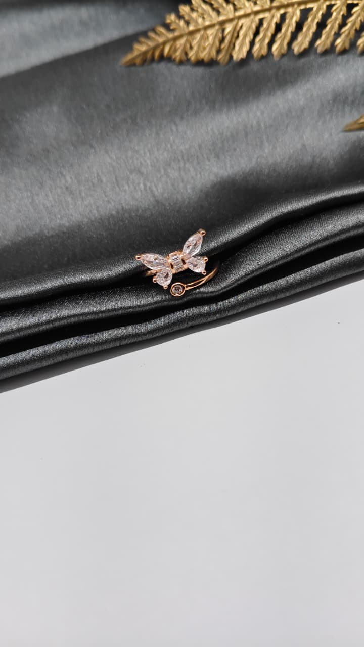 925 Silver Rose Gold Colour With White Stone Adjustable Butterfly Design Ladies Ring