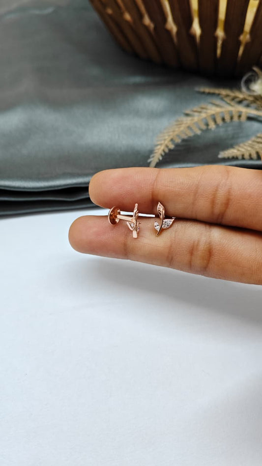 925 Silver Rose Gold Leaf Design With White Stone Earrings
